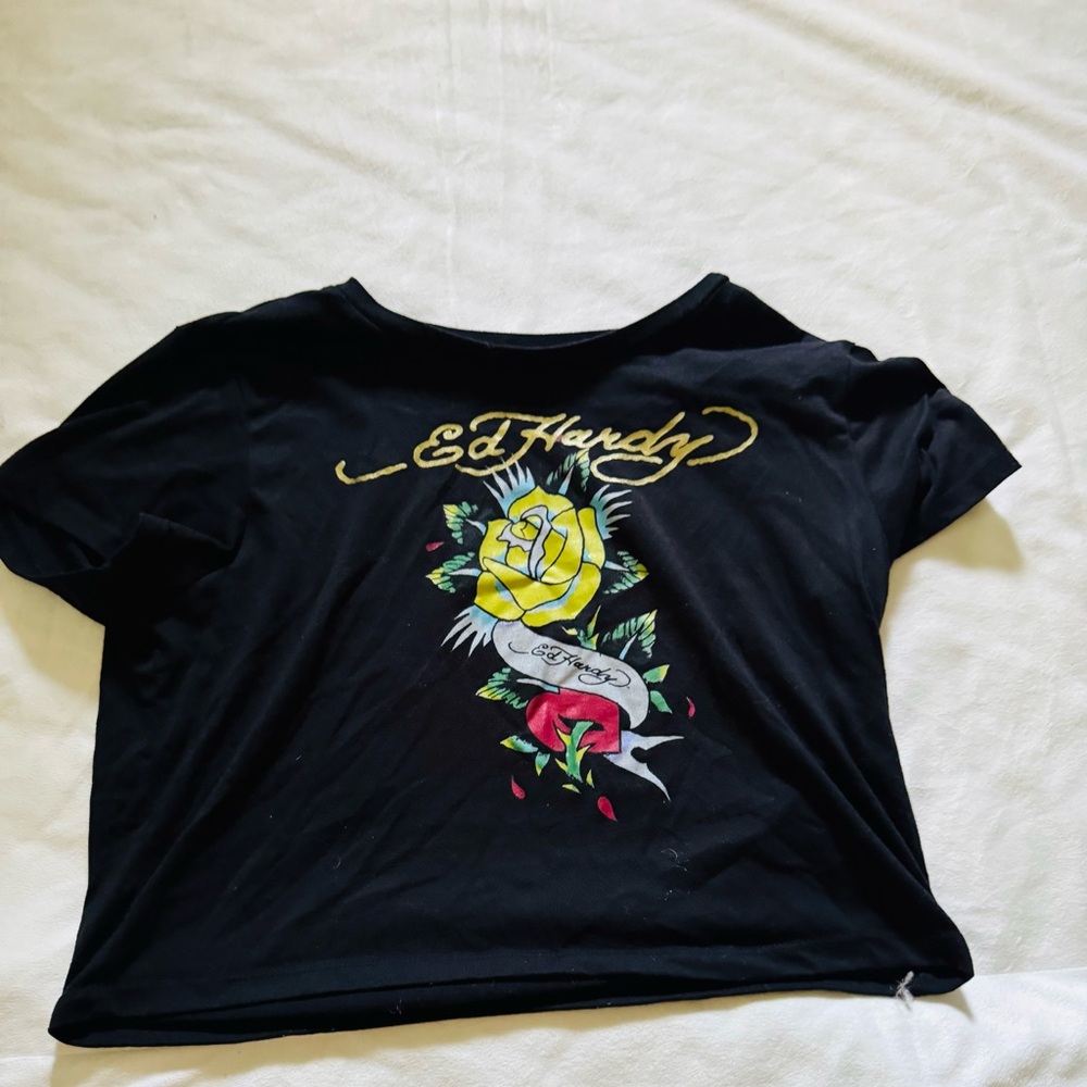 Ed Hardy Black Tee with Yellow Rose and Red Accents